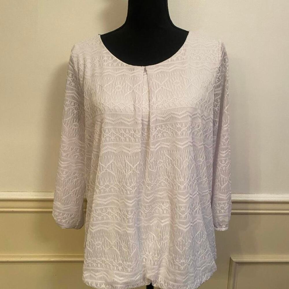 AGB White Lace Overlay Blouse 3/4 Sleeve Top Pleated Scoop Neck Boho Chic